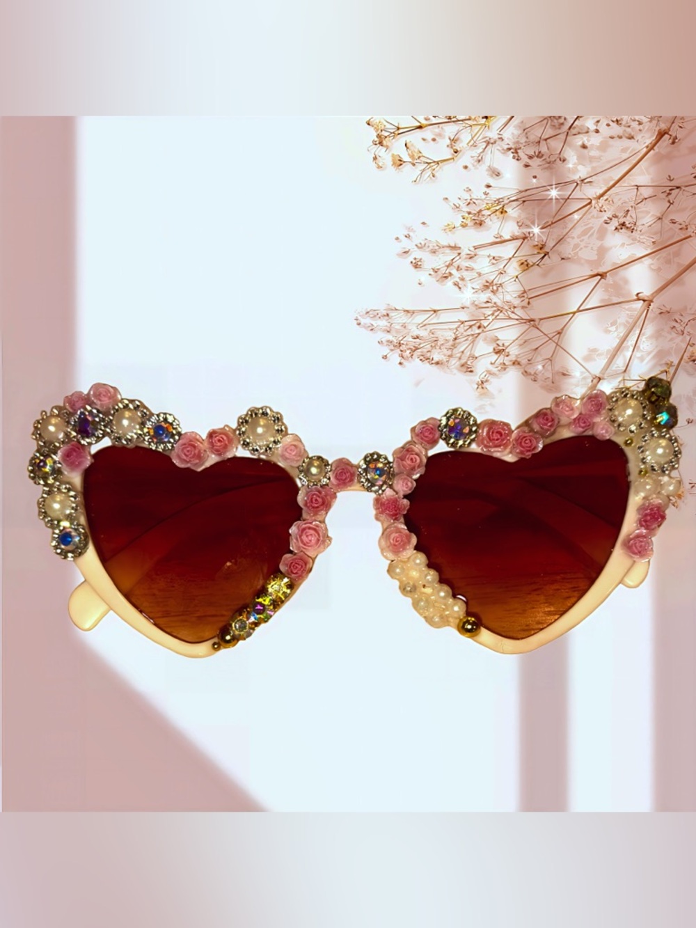 Never worn, handmade and one of a kind, bejeweled trendy heart sunglasses